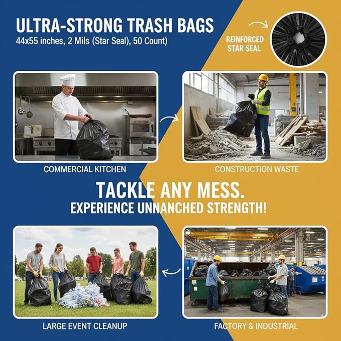 Ultra-Strong Trash Bags 44x55 Inches 2 Mils Thick 50 Count – Heavy Duty Black Garbage Bags with Star Seal Bottom 65 Gallon Capacity