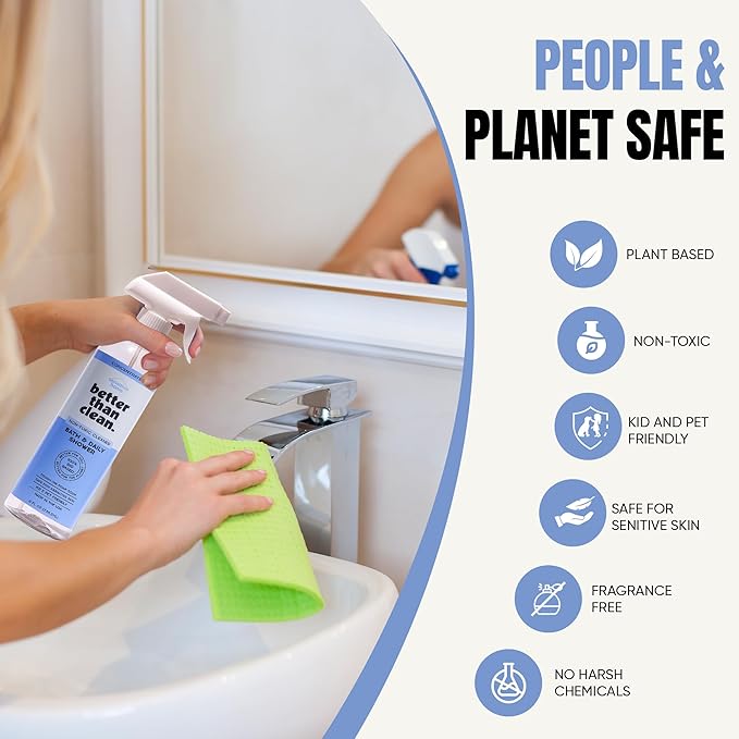 Better Than Clean™ Bath and Shower Cleaner Starter Pack – Fragrance Free Plant-Based Non-Toxic Bathroom Cleaner with 8oz Concentrate &amp 16oz Empty Refillable Spray Bottle