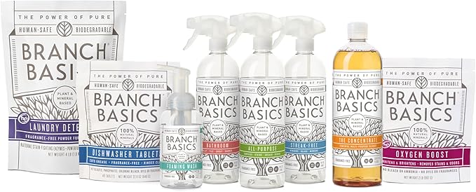 Branch Basics Ultimate Starter Kit: Natural All Purpose Cleaner Glass Bathroom Foaming Hand Wash (4 Plastic Bottles + Concentrate + Oxygen Boost) Laundry Detergent Plastic-Free Dishwasher Tablets