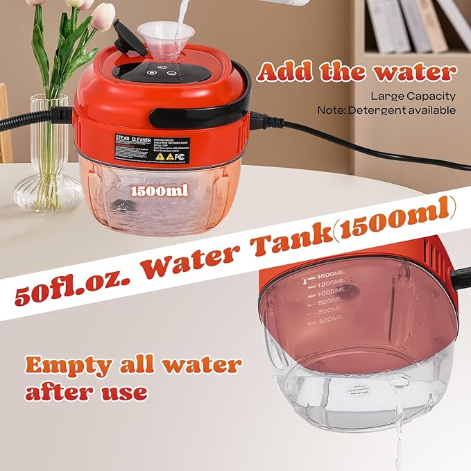 Moongiantgo Handheld Steam Cleaner 2500W High Pressure 1.5L Steamer for Cleaning Portable Steam Cleaner for Home Kitchen Bathroom Steam Cleaner for Car Detailing Grout Tile (Red)