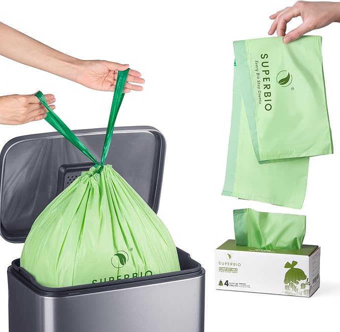SUPERBIO 4 Gallon Compostable Drawstring Food Scrap Bags15.1 Liter 40 Count 0.9 MilHeavy Duty Waste Bags BPI Seedling and OK compost INDUSTRIAL