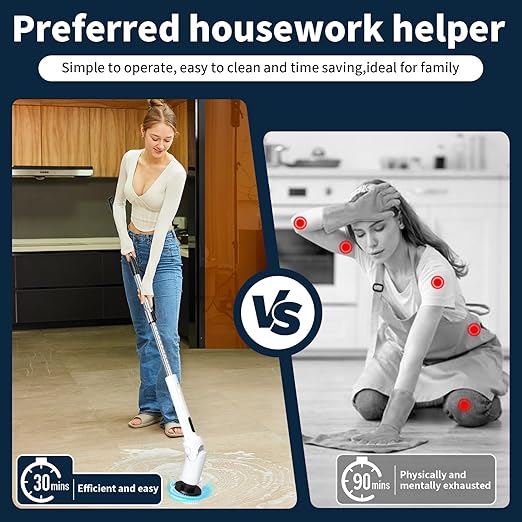 Electric Spin Scrubber - Cordless Cleaning Brush with Digital Display 2 Speeds 8 Brush Heads IPX7 Waterproof Adjustable Long Handle for Bathroom Tub Tile Shower and Car