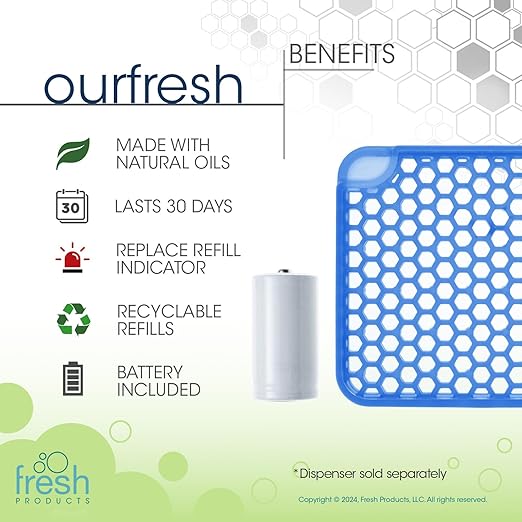 Fresh Products ourfresh 2 Air Freshener Replace Metered Aerosol with Dry Fragrance 30 Day Use Medium Sized Spaces Light Activated Battery Operated Batteries Included Cotton Blossom 8 pk