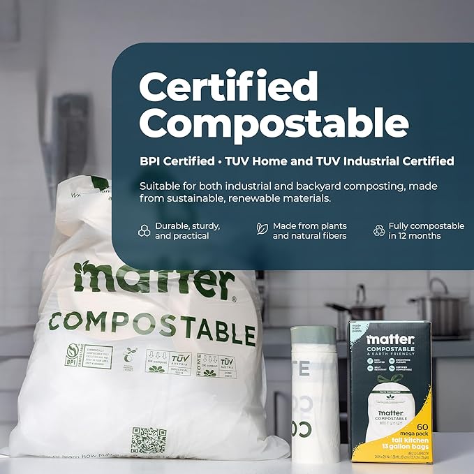 Matter Compostable 13 Gallon Tall Kitchen Trash Bags with Drawstring Eco-Friendly Unscented Durable Leak-Resistant 60 Count