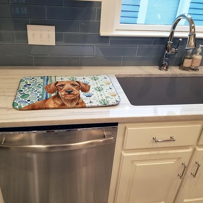 Caroline's Treasures Wirehaired Red Dachshund Coastal Sea Glass Dish Drying Mat Absorbent Dish Drying Mat Pad for Kitchen Counter Dish Drainer Mat for Countertop 14 x 21 Multicolor