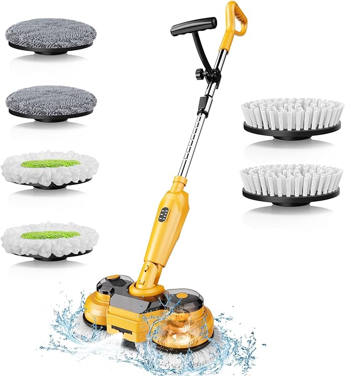 Cordless Electric Mop for Dewalt 20V Battery (NO Battery) 2 in 1 Spin Mop &amp Electric Floor Scrubber Machine with LED Light &amp Water Spray 800 RPM Rotating Electric Mops for Floor Cleaning (Ye