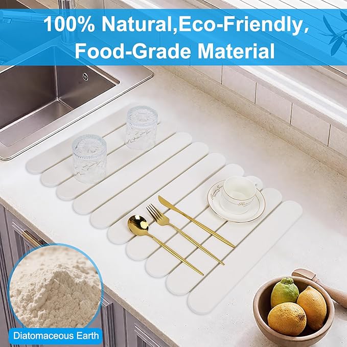 Foldable Stone Dish Drying Mat: Large 24x16 Absorbent Diatomaceous Earth Mat for Kitchen Counter | Quick Drying &amp Heat-Resistant for Dishes Bottles Cups with 2 Coasters