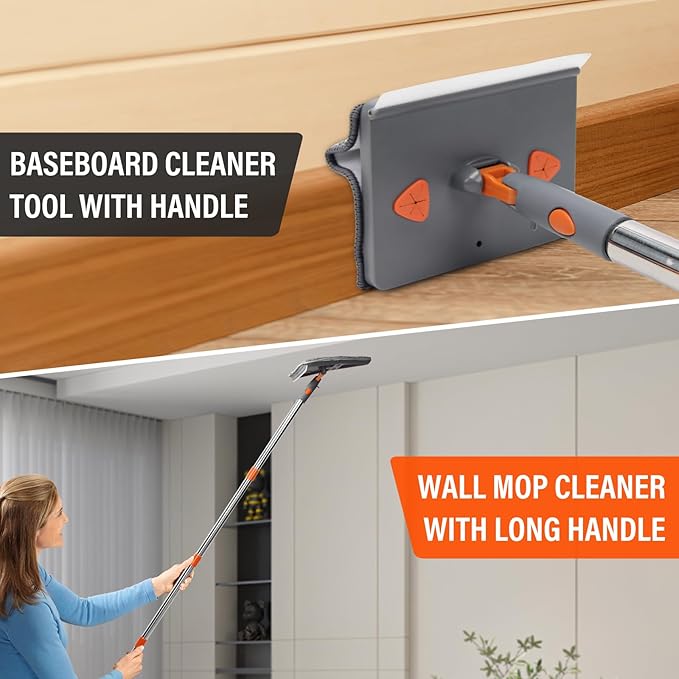 Wall Cleaner Mop with Long 85 HandleBaseboard Cleaner Tool with Handle180° Folding Ceiling Tool Duster with Squeegee360 Rotatable Wall Mop10 Replacement Pads for Cleaning BaseboardWindow