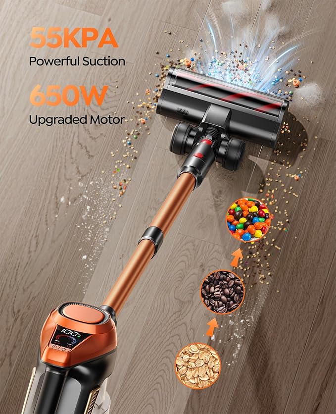Fieety Cordless Vacuum Cleaner 550W 45KPA 60Mins Powerful Vacuum Cleaners for Home 1.6L Dust Cup LED Display Anti-Tangle Self-Standing Stick Vacuum for Carpet/Hardwood Floor/Pet Hair/Car