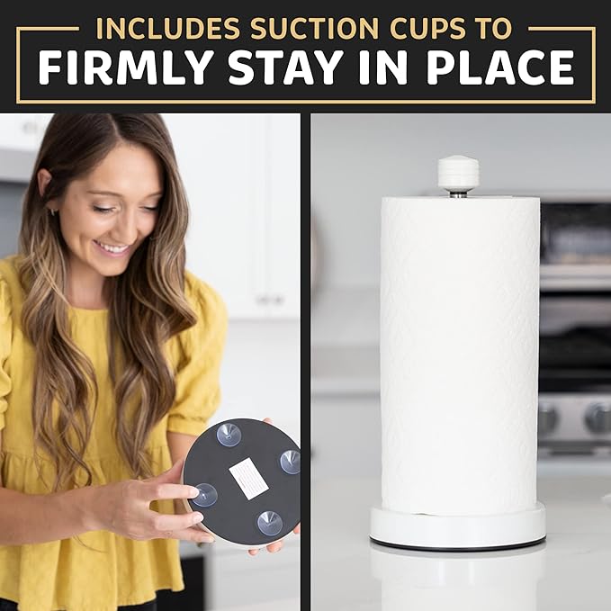 Heavy-Duty Stainless Steel Paper Towel Holder - Easy One-Handed Tear with Suction Cups - Modern Weighted Standing Countertop Dispenser for Kitchen - Holds All Paper Towel Rolls White