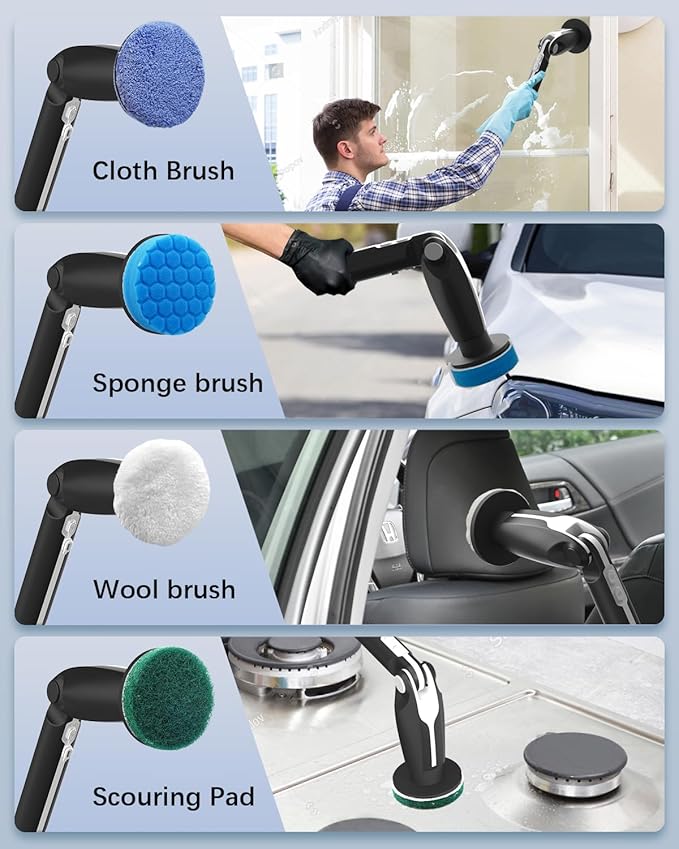 Leebein Electric Spin Scrubber Shower Scrubber with 4 Adjustable Angles and 8 Brush Heads Electric Scrubber with Long Handle &amp Remote Controller Cleaning Brush for Bathroom Tub Floor (Black)