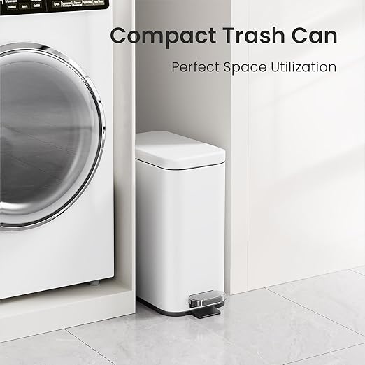 Cesun Bathroom Trash Can with Lid 2.6 Gallon Small Bathroom Garbage Can Soft Close Stainless Steel Waste Basket with Step Pedal for Bedroom Laundry Room Living Room Home Office Toilet RV White