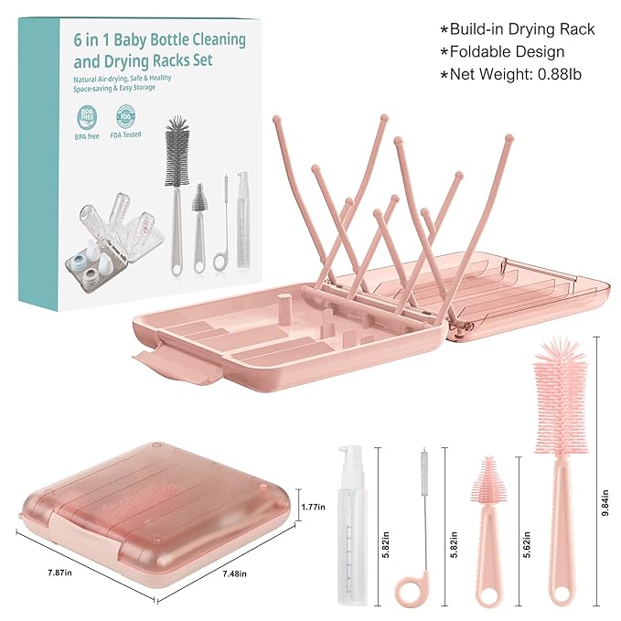 Baby Bottle Brush Set-6 in 1 Bottle Brush Cleaner with Silicone Bottle BrushDrying RackNipple BrushStraw BrushSoap Dispenser&ampStorage Box-Baby Essentials Gifts for Home&ampTravel(Pink)