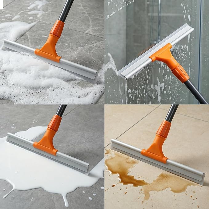 Silicone Floor Squeegee for Shower Glass Floor and Garage - Heavy-Duty Pet Hair Remover Bathroom Tile Cleaner Window Wiper - Flexible No Streaks Compact Storage