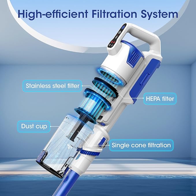 whall Cordless Vacuum Cleaner 45KPA 88000RPM Vacuum Cleaners for Home with LED Display Self-Standing &amp Anti-Tangle Lightweight Stick Vacuum for Pet Hair Carpet Hard Floor Azure