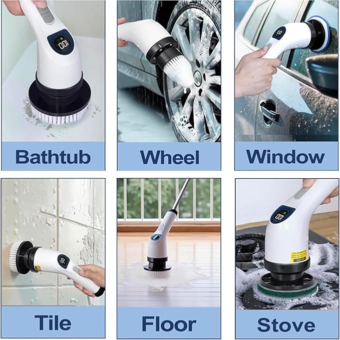 Electric Spin Scrubber for Cleaning Adjustable Shower Brush with 7 Replaceable Heads &amp Power LED Display 2 Speed Waterproof Cordless Shower Scrubber for Bathtub Kitchen Car White