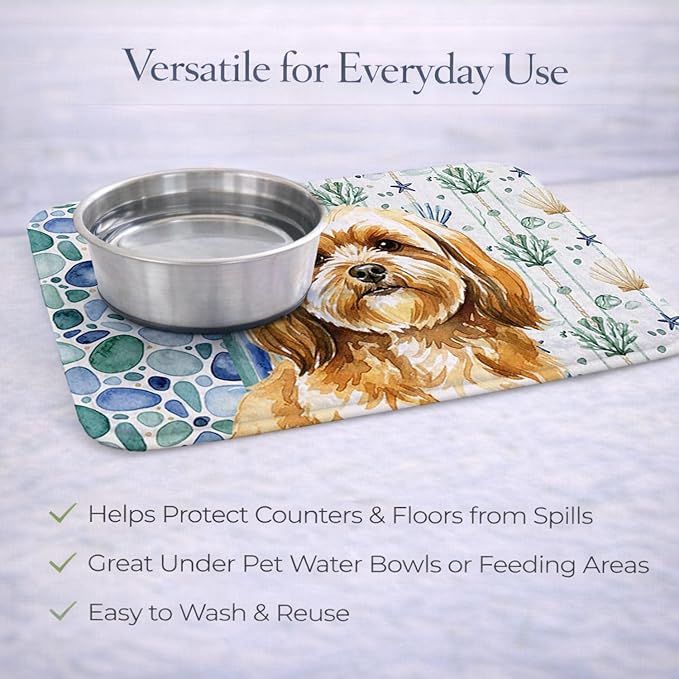 Caroline's Treasures Gold Lhasa Apso Coastal Sea Glass Dish Drying Mat Absorbent Dish Drying Mat Pad for Kitchen Counter Dish Drainer Mat for Countertop 14 x 21 Multicolor