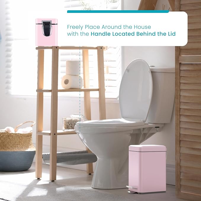 Home Zone Living 1.3 Gallon Small Bathroom Trash Can with Lid and Step Pedal Stainless Steel Wastebasket with Slim Design for Home and Office Matte Pink 5 Liters