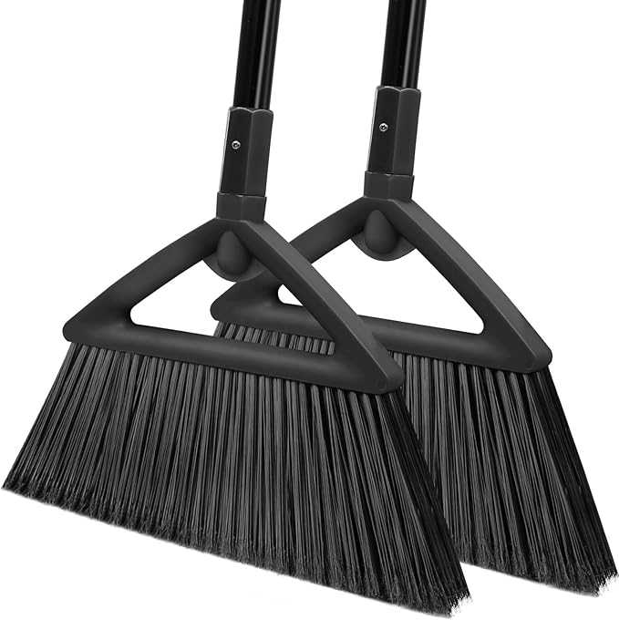 2PCS Heavy Duty Broom Broom for Sweeeping Indoor and Outdoor Angle Broom with Long Pole Outdoor Broom for Courtyard/Garages/Slidewalk Indoor Broom for Kitchen Lobby Canteen Black