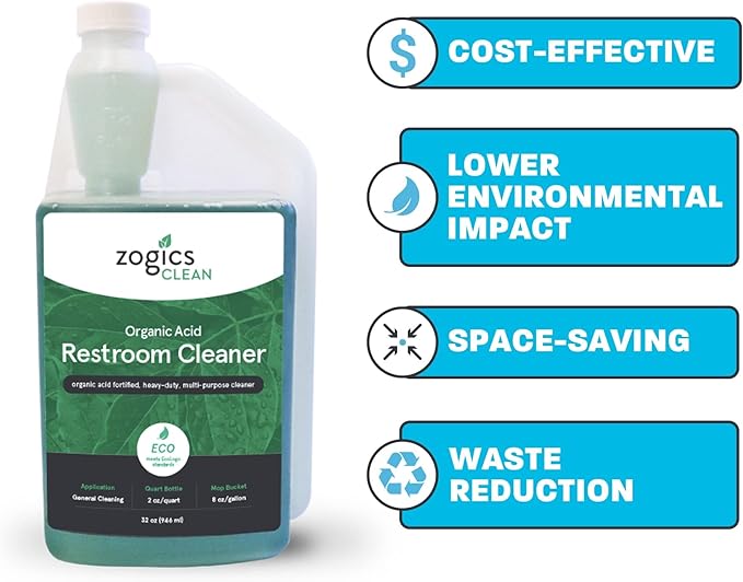 Zogics Organic Acid Restroom Cleaner 32 oz Bottle Makes up to 16 Quarts - Meets ECOLOGO Standards