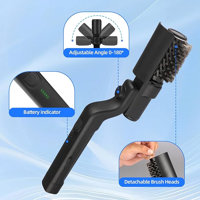 Upgraded Electric Grill Brush Cordless Rechargeable Grill Cleaning Brush with Adjustable Angle Stainless Steel Brush Head 3-Speed Power 90-Min Runtime Waterproof Cleaner for BBQ Grates (Black)