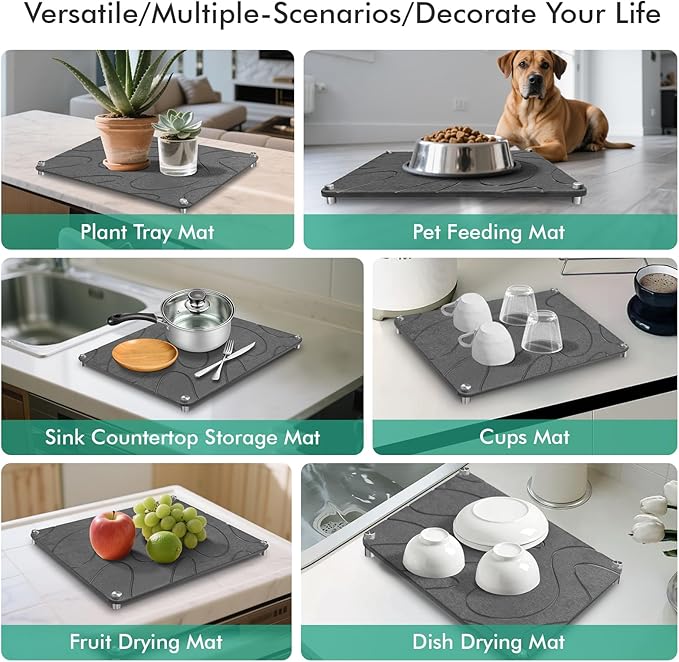 Stone Drying Mat For Kitchen Counter Superb Absorbent Diatomaceous Earth Mats with Non-Slip Feet Quick Dry Stone Dish Drying Pad Dish Pad Multi-Purpose(Flow Line-DarkGrey 15.7 x 11.8)