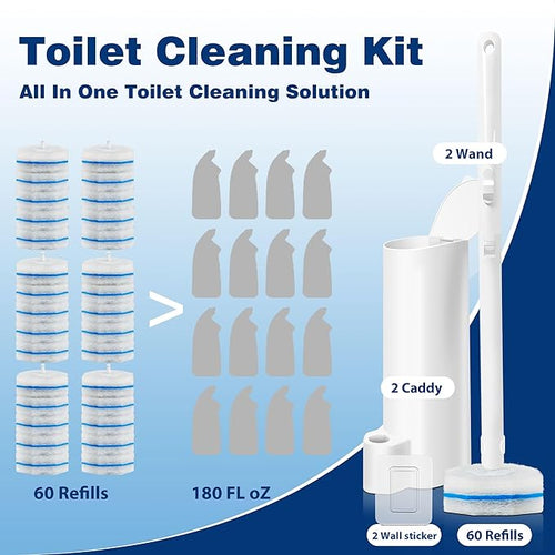 2 Pack Disposable Toilet Brush Set with 60 Refills Wall-mounted Toilet Bowl Wand Kit-2 Extend Toliet Wand 2 Storage Holder&amp60 Disposable Refill Pre-Filled Cleaning Solution for Deep Cleaning Toi