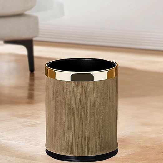 Yajuyi Trash Can Waste Basket Decorative PU Leather Garbage Can Wastebasket for Household Office Laundry Room Under Desk Hotel 14L Round Gold