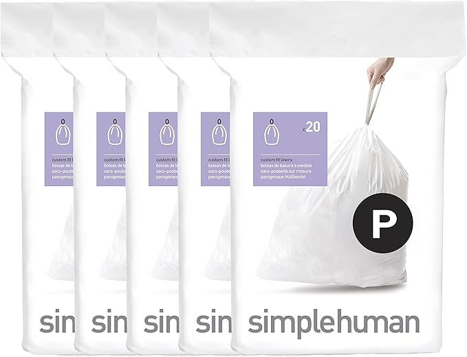 simplehuman Code P 100 Count Dispenser Pack Custom Fit Liners Drawstring Trash Bags 50-60 Liter / 13-16 Gallon White