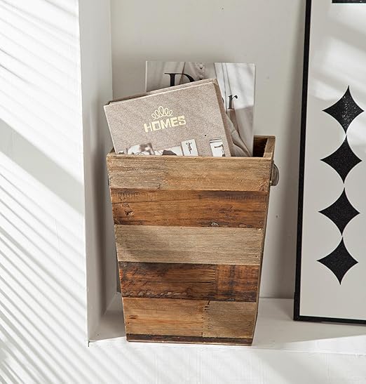 Small Wood Trash Can Farmhouse Rectangular Garbage Can Waste Basket Rustic Distressed Reclaimed Wood Wastebasket Vintage Wooden Trash Recycling Bin Storage Basket with Metal Handles (Natural)
