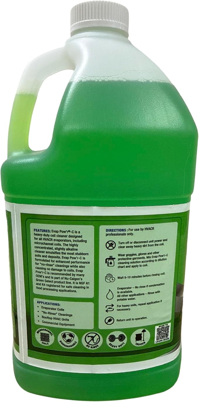 Nu-Calgon 4168-08 Evap Pow’r-C No-Rinse Evaporator Coil Cleaner – 1 Gallon Concentrate Metal-Safe Alkaline Indoor HVAC Coil Cleaner NSF A1/K4 Registered