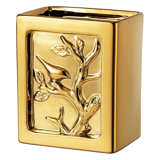 Gold Bathroom Trash CanLuxury Ceramic Hand Carved Decor Garbage Can1.32 Gallon/5 Liter Stylish Small Waste Basket for BathroomOfficePartyRoom