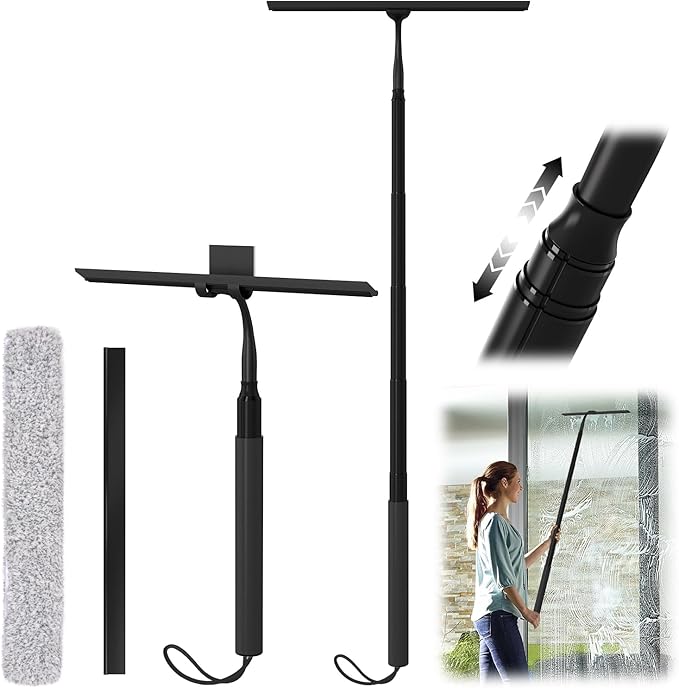 Shower Squeegee for Glass Doors 15-51 Telescopic Shower Squeegee with Long Handle Squeegee for Window Cleaning Extendable Window Cleaner Tool for Tile Walls Sliding Door Floor Car Windshield-BK