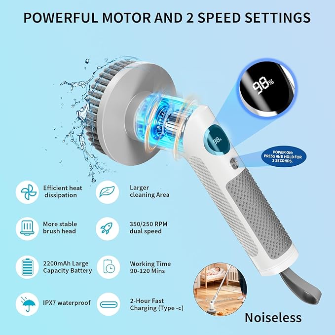 Electric Spin Scrubber Cordless 20W High-Torque Cleaning Brush Scrubber IPX7 Waterproof Electric Scrubber with Dual Speed for Kitchen Bathroom (S8)