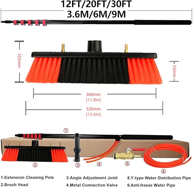 Window Cleaning Pole Water Fed Telescopic Brush Window and Solar Cleaning Pole for Cleaning Photovoltaic and Solar Panels and Other Cleaning Activities30cmBrush-6mRod