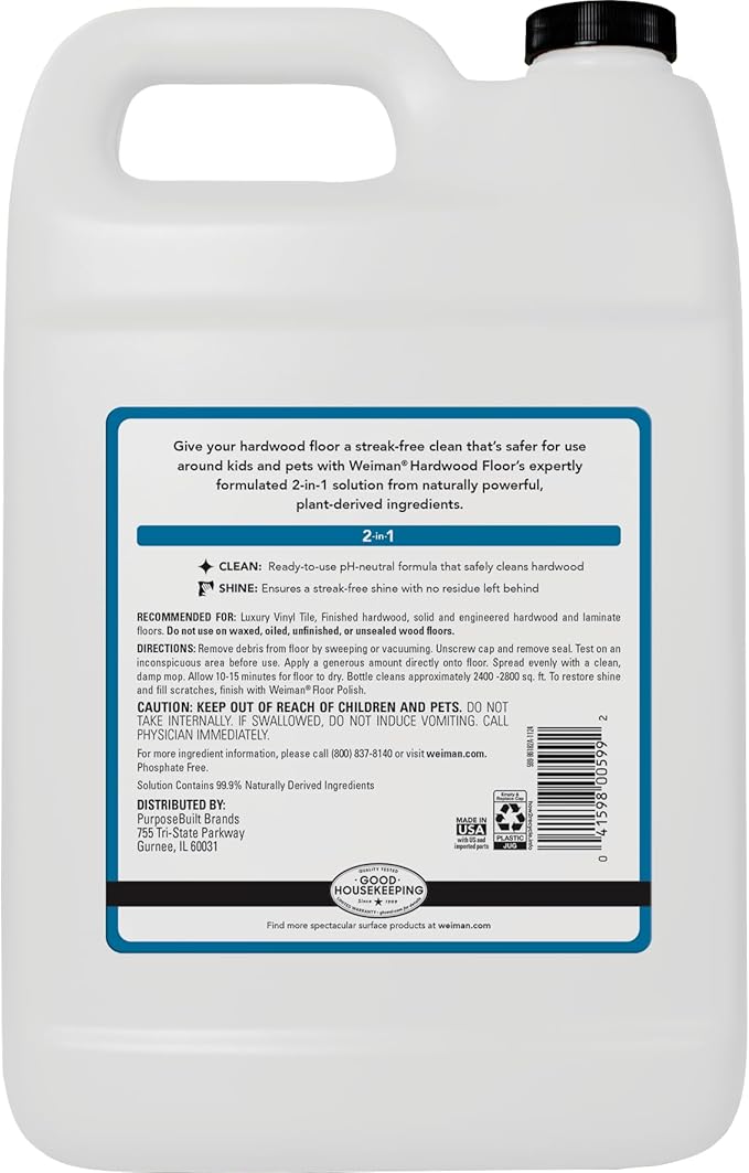 Weiman Hardwood Floor Cleaner and Polish - Cleans Vinyl Tile Solid Laminate Natural Shine No Residue Removes Scratches Leaves Protective Layer 1 Gallon Mop Soap &amp 32 Oz Restorer