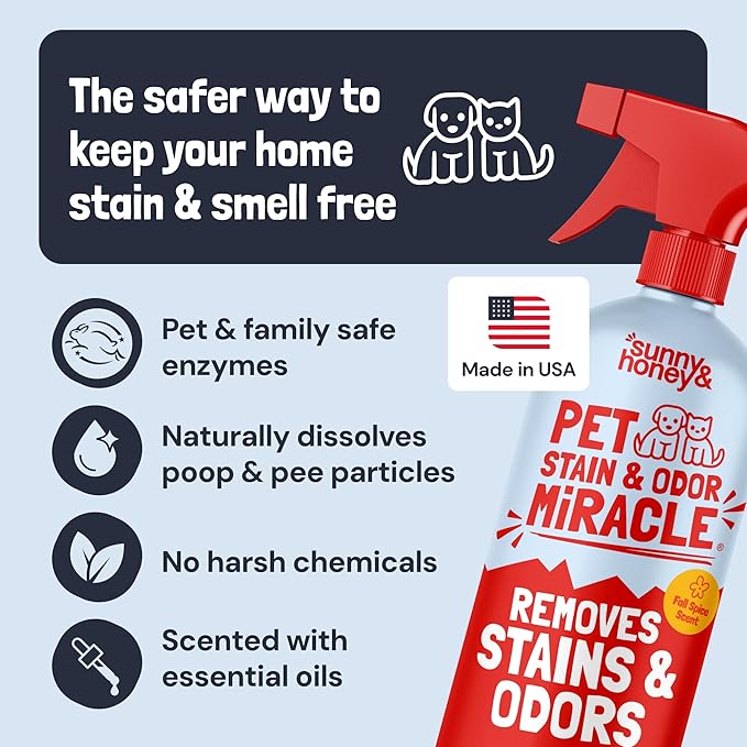 Sunny &amp Honey Pet Stain and Odor Remover - Enzyme Cleaner for Dog Urine and Poop on Carpets and Furniture - Strong Pet Carpet Cleaner Spray (32fl oz Fall Spice)