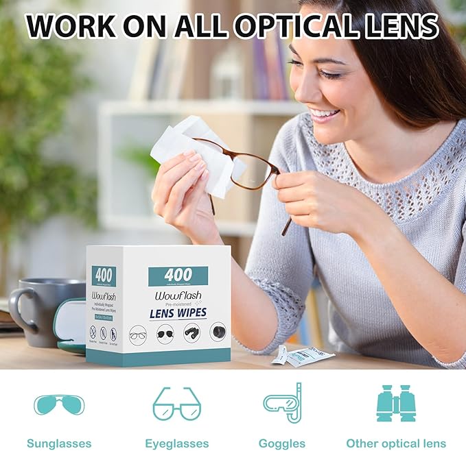 400 Count Lens Wipes for Eyeglasses Eyeglass Lens Cleaning Wipes Pre-moistened Individually Wrapped Sracth-Free Streak-Free Eye Glasses Cleaner Wipes for Sunglass Camera Lens Goggles