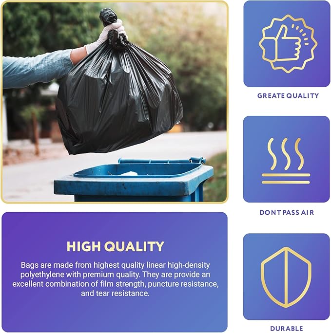 APQ Outdoor Trash Bags Large 38 x 58 Pack of 100 Black Trash Can Liners Thin 1.5 Mil Polyethylene Big Garbage Bags Unscented Leakproof Waste Basket Bags 60 Gallons Kitchen Waste Basket Liner