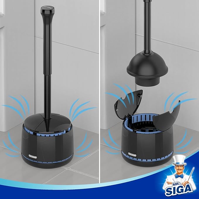MR.SIGA Toilet Plunger with Holder Heavy Duty Toilet Plunger and Holder Combo for Bathroom Cleaning Black