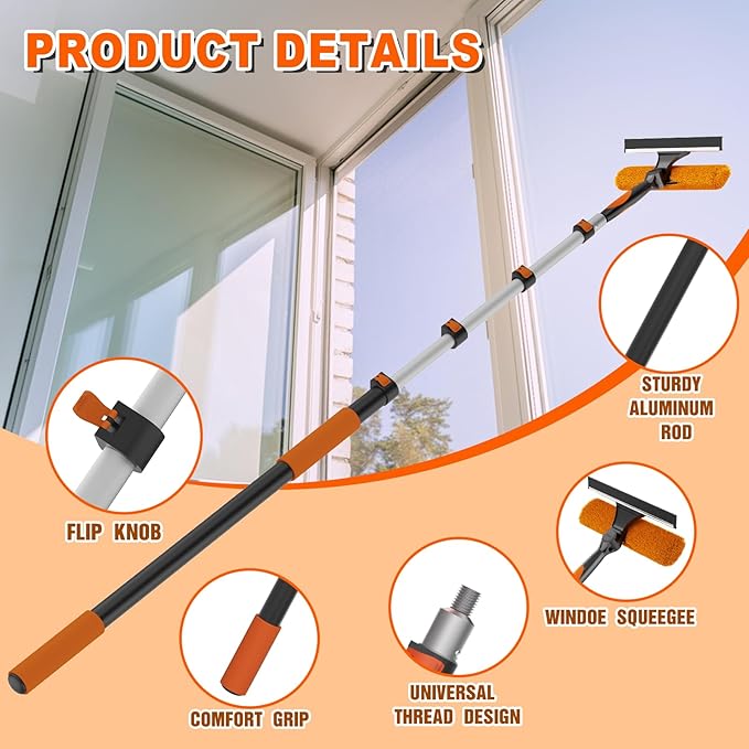 36FT Reach 2-in-1 Window Squeegee Professional Window Washing Kit with 7-30FT Extension Pole for Home Indoor Outdoor Squeegee with Rotatable Head for High Windows