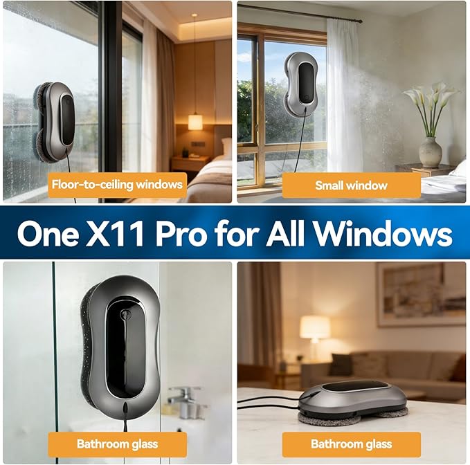 Window Cleaning Robot X11 Pro with Dual-Spray System 70ml Water Tank 3000Pa Strong Suction Auto Edge Detection 2 Cleaning Modes Remote Control for Frameless &amp Framed Glass