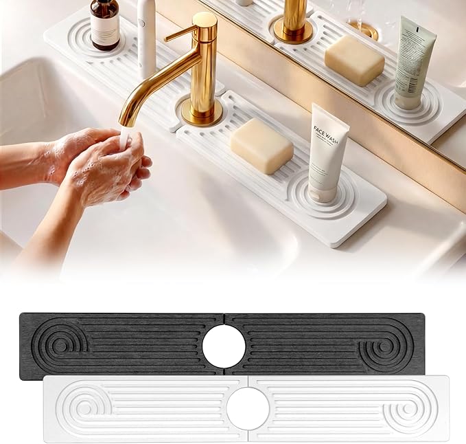 2 Pack Stone Faucet Mat for Kitchen Sink Absorbing Drying Stone Mat Prevent Moisture Sink Splash Guard WaterNatural Diatomite Stone Tray for Bathroom Counter 23.6*3.9inch (White+Grey)