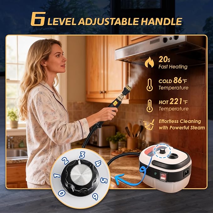 2500W Handheld Steam Cleaner Pressurized Steam Cleaning Machine with 3 Brush Heads 20s Heat Up 1L Tank Multipurpose Mini Portable Steamer for Tile Grout Furniture Kitchen Car Home