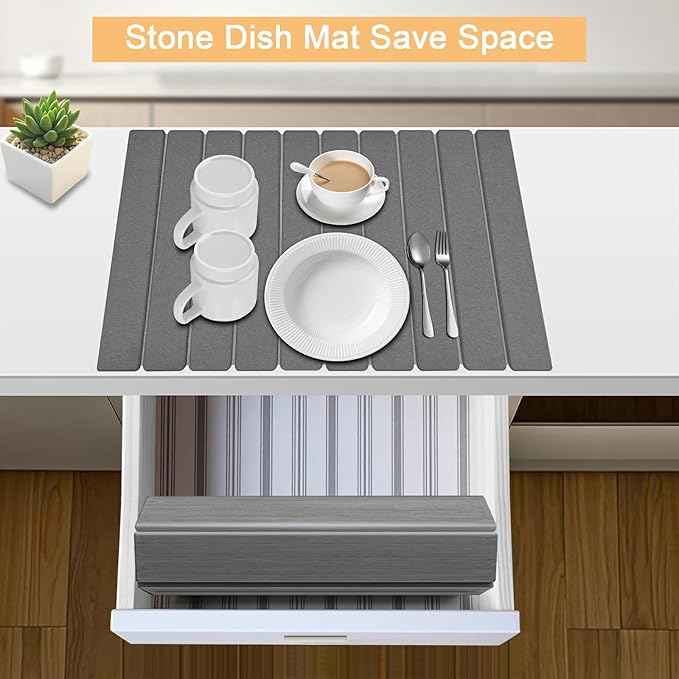 Large Stone Dish Drying Mat for Kitchen Counter with 3 Sanding block and Towel 24×16 Quick Drying Diatomaceous EarthSuper Absorbent Anti Slip MatBirthday Gfts for Women Mom Grandma Dark Gray