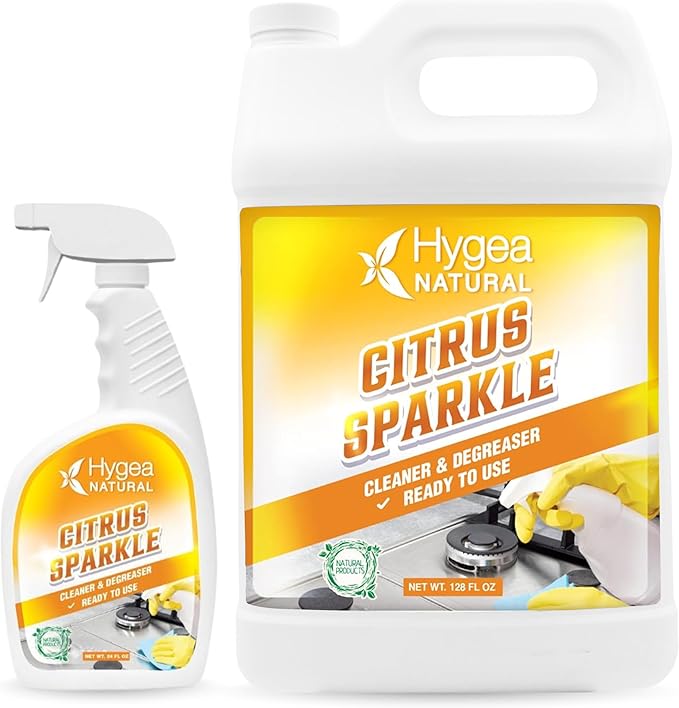 Hygea Natural Citrus Sparkle Chemical-Free Heavy Duty Degreaser &amp All Purpose Cleaner - Pure Citrus Extracts &amp Natural D-limonene - Removes Grease Dirt &amp Grime (24oz Spray &amp 128oz Gal