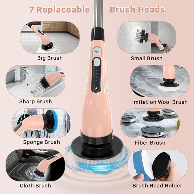 Electric Spin Scrubber Cordless Cleaning Brush Shower Scrubber with 7 Replaceable Brush 2 Speeds and Adjustable Extension Handle for Bathroom Shower Bathtub Glass Car(Pink)