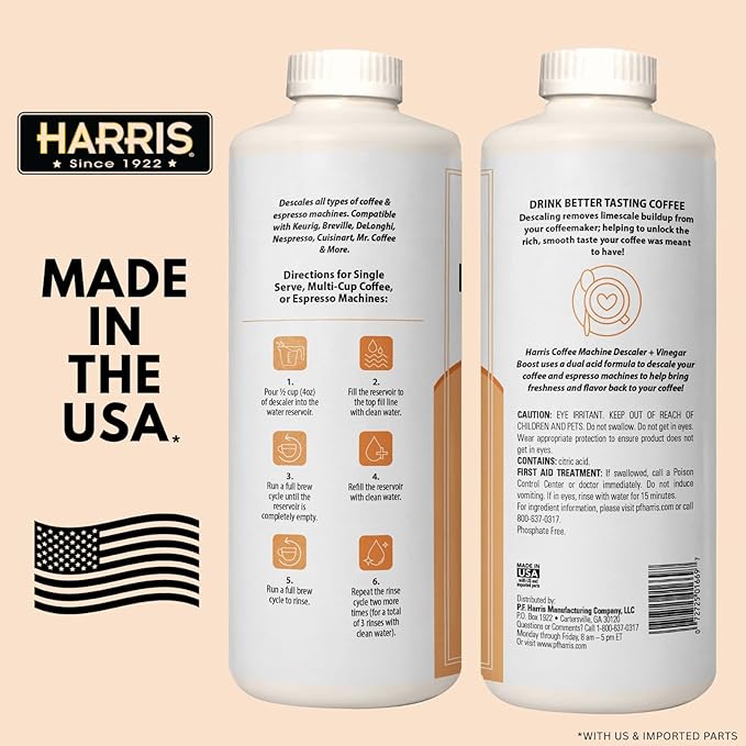 HARRIS Coffee Machine Descaler Descaling Solution 32 fl oz (2 Pack 8 Uses Each) Compatible with Keurig Nespresso Breville DeLonghi Jura &amp Ninja Coffee and Espresso Makers
