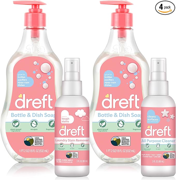 DREFT Bottle and Dish Soap Baby Gift Set - Bonus Travel Size Dreft All Purpose Cleaner &amp Stain Remover - Made to Clean Baby Essentials - Plant Based Ingredients Fragrance Free Formula - 4 Piece S