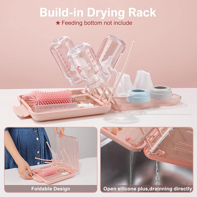 6 in 1 Baby Bottle Cleaner Set with Drying RackSilicone Baby Bottle BrushStraw BrushNipple BrushSoap Dispenser and Storage Box Portable Baby Essentials for Home&ampTravel(Pink)